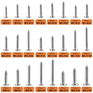 Zmbroll 1440Pcs Mini Screws Small Self Tapping Screws,Phillip Pan Head Micro Screws, Tiny Electronic Screws,M1 M1.2 M1.4 M1.7 M2 M2.3 Silver Screws 24 Size Assortment Screw kit