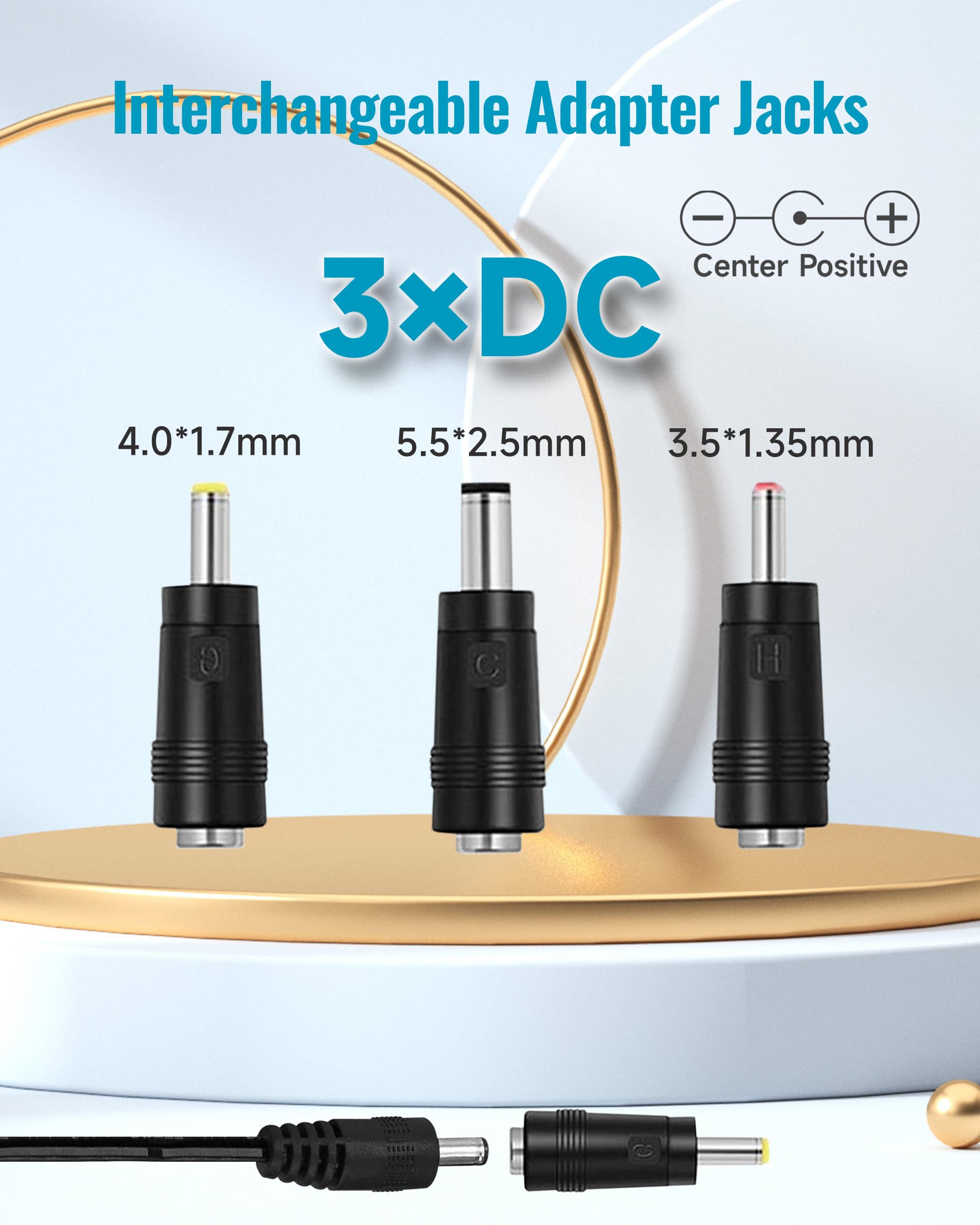 12V 1A 5ft Power Supply Adapter,100-240V 50/60Hz AC to DC 12V 1000mA 12W 5.5mm*2.1mm Universal Wall Charger with DC Connectors 5.5 * 2.5mm/3.5 * 1.35mm/4.0 * 1.7mm, Center Positive, UL FCC VI