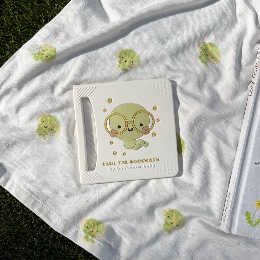 Bookworm Baby Essentials Gift Bundle | Basil The Bookworm Teether and Swaddle Blanket & Beanie Set | Premium 3-in-1 Set for Baby Showers & Newborns