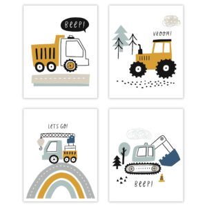 construction decor for boys room - 4 car posters for boys room decor, 8x10 unframed construction signs for kids wall art, toddler room decor for boys bedroom decor, playroom & nursery decor for boys