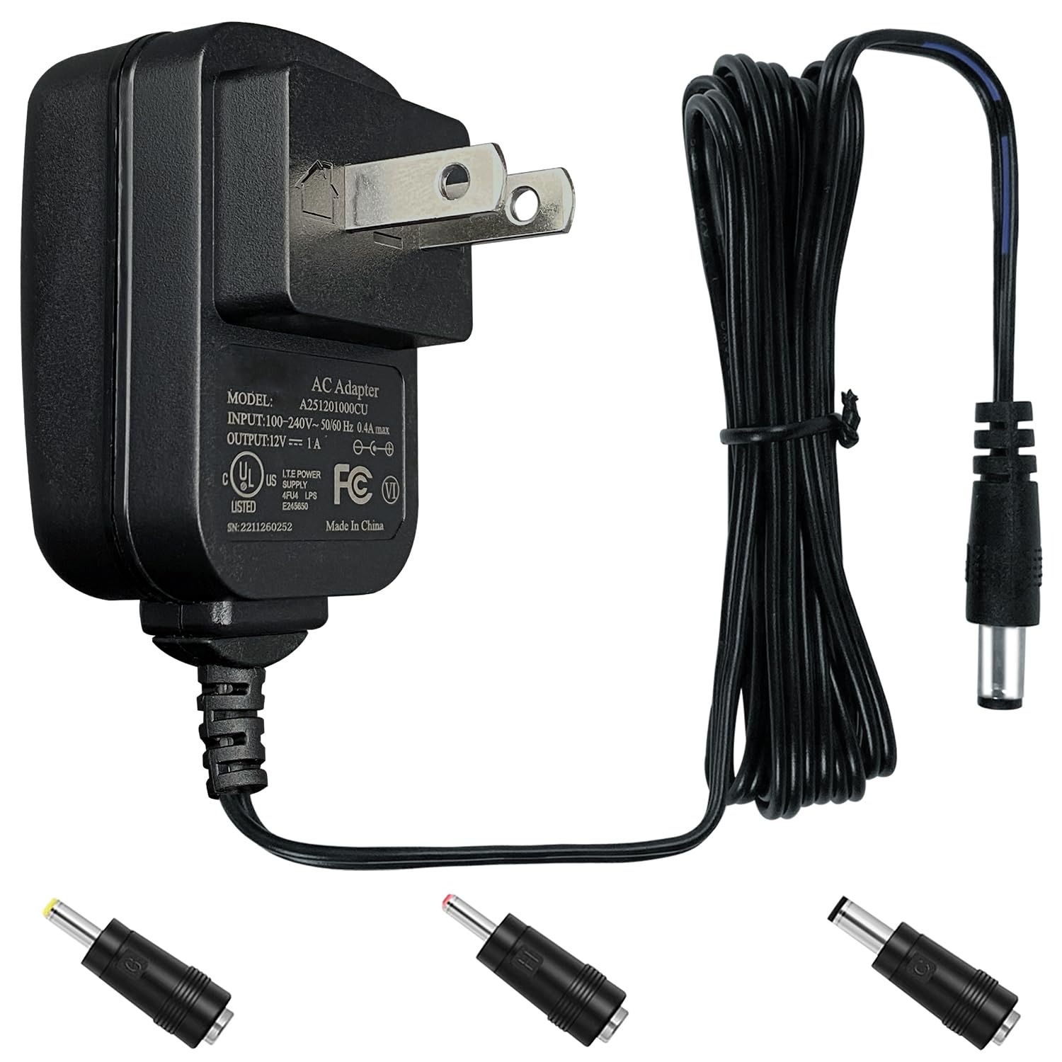 12V 1A 5ft Power Supply Adapter,100-240V 50/60Hz AC to DC 12V 1000mA 12W 5.5mm*2.1mm Universal Wall Charger with DC Connectors 5.5 * 2.5mm/3.5 * 1.35mm/4.0 * 1.7mm, Center Positive, UL FCC VI