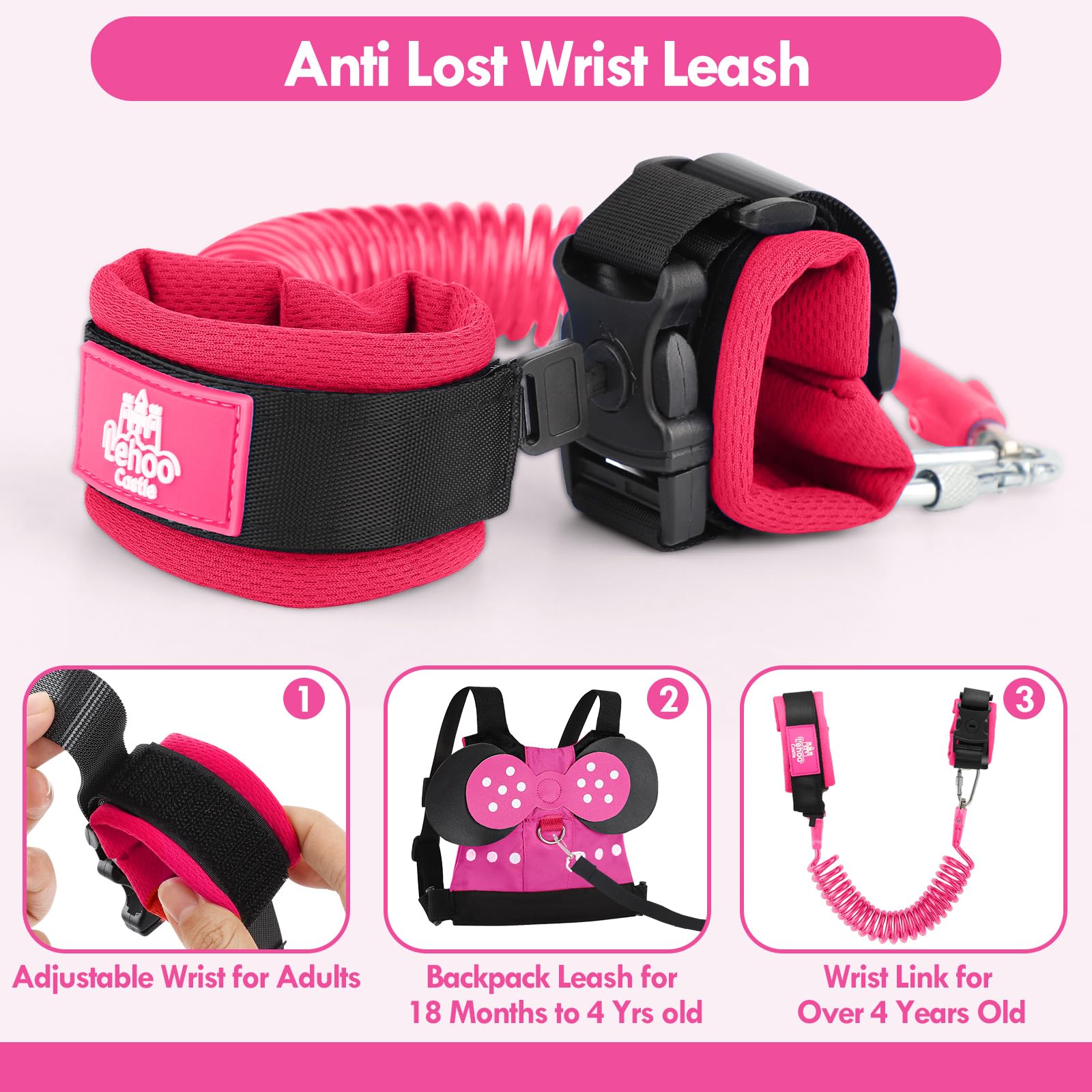 Lehoo Castle Toddlers Leash for Walking + Key Lock Design Anti Lost Wrist Link, 3 in 1 Baby Leash Kids Wrist Link for Toddlers, Safety Harness Belt Strap Wristband (Pink Minnie Toddler Leash)