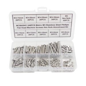 mcmaske 240pcs m3 stainless steel phillips flat head machine screws hex nuts assortment kit