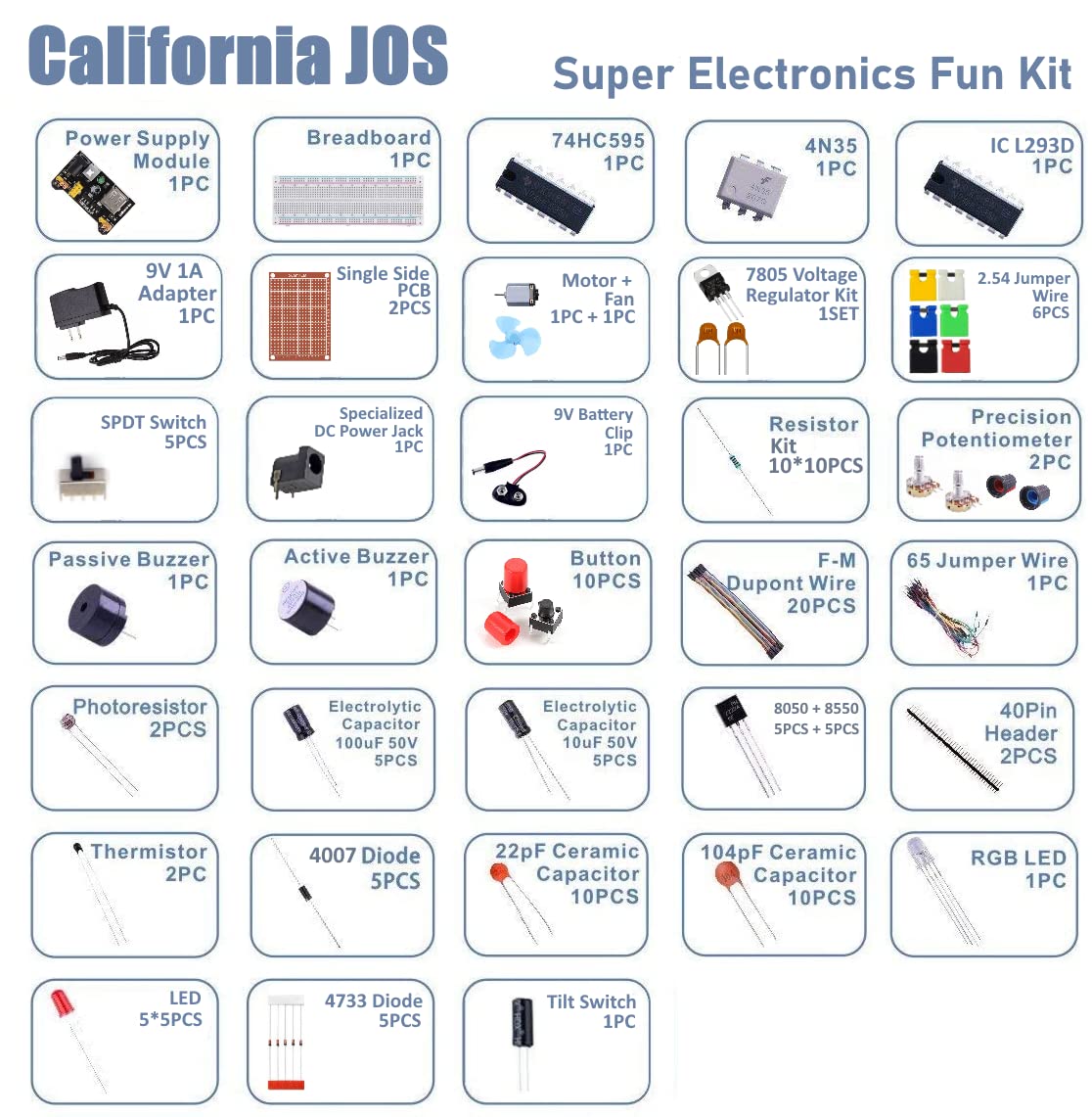 California JOS Electronics Component Fun Kit (Breadboard Super Kit) Bundle with Breadboard Cable Resistor, Capacitor, LED, Potentiometer, for Arduino, Respberry Pi