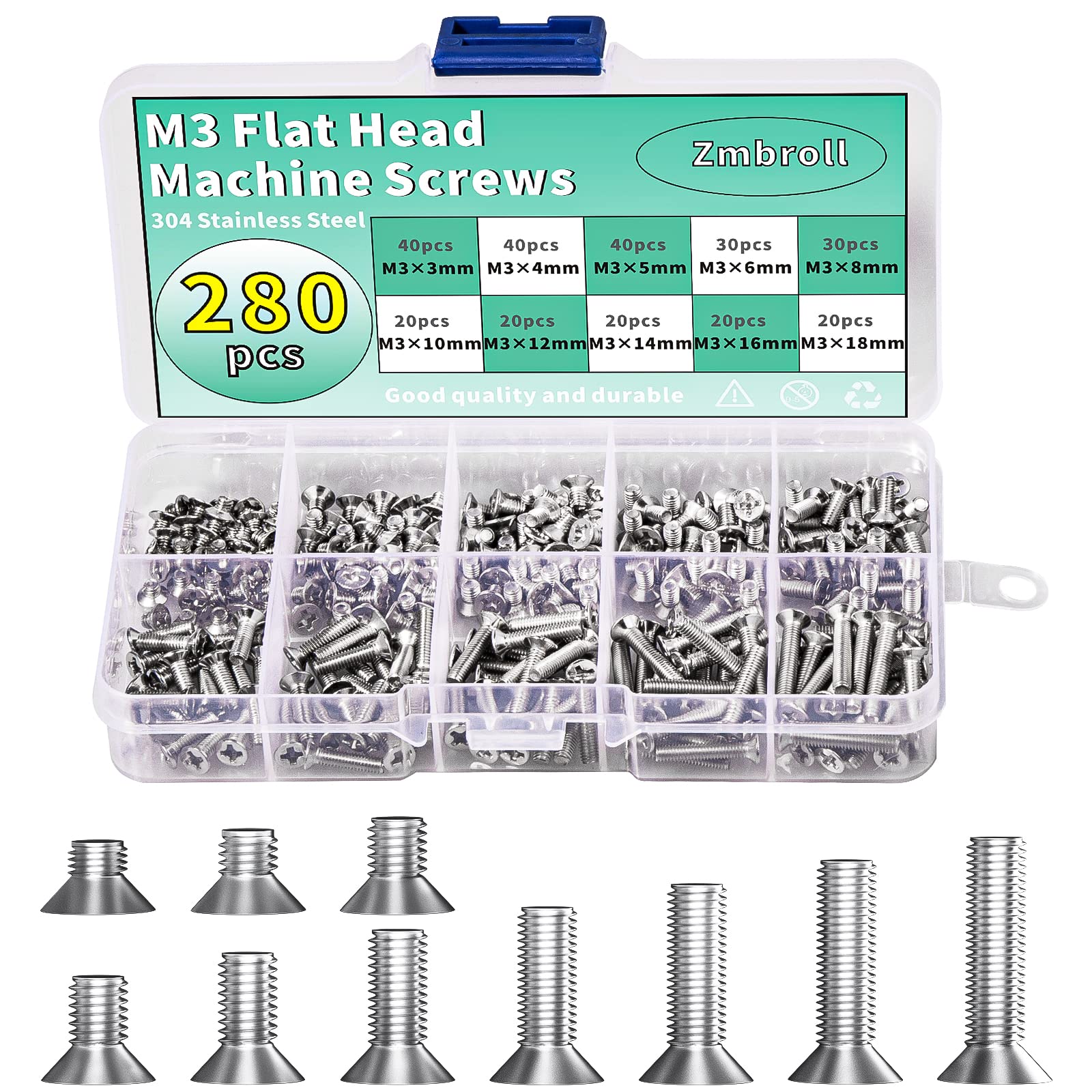 Zmbroll M3 Flat Head Machine Screws,304 Stainless Steel Phillips Countersunk Fasteners Bolts Assortment Kit M3 x 3mm / 4mm / 5mm / 6mm / 8mm / 10mm / 12mm / 14mm / 16mm/ 18mm