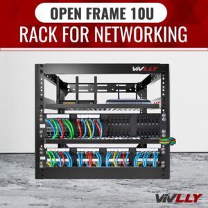 Vivlly Open Frame 10U Rack for Networking, Servers, Audio, and Video Equipment, Heavy Duty 1U Vented Shelves, Wall Mounted Hardware or Floor Standing Support