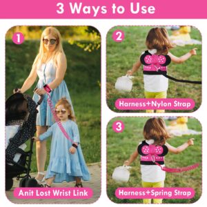 Lehoo Castle Toddlers Leash for Walking + Key Lock Design Anti Lost Wrist Link, 3 in 1 Baby Leash Kids Wrist Link for Toddlers, Safety Harness Belt Strap Wristband (Pink Minnie Toddler Leash)