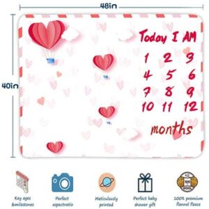 FHZON Red Heart Balloon Baby Monthly Milestone Blanket Unisex, Clouds Month and Age Blanket, 48x40in Soft Flannel, White Monthly Newborn Gift Baby Photo Blanket BTXFFH21