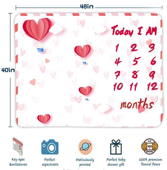 FHZON Red Heart Balloon Baby Monthly Milestone Blanket Unisex, Clouds Month and Age Blanket, 48x40in Soft Flannel, White Monthly Newborn Gift Baby Photo Blanket BTXFFH21