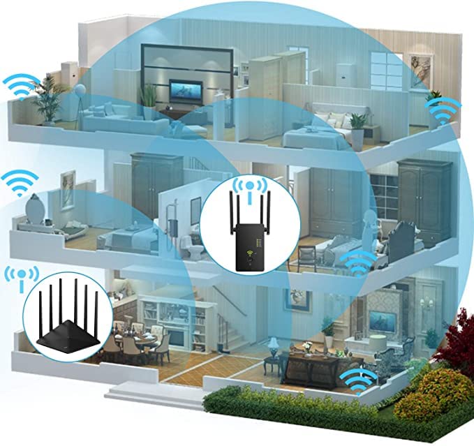 WiFi Repeater Wireless Signal Booster, Covers Up to 2640 Sq.ft and 25 Devices, AC1200 Dual Band WiFi Range Extender & Signal Booster