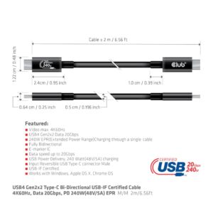 Club 3D CAC-1575 USB4 Gen3x2 Type C to Type C Bi-Directional Cable with 240W Charging, 20Gbps Data Transmission and Supports 4K60Hz Video 2m - 6.56ft