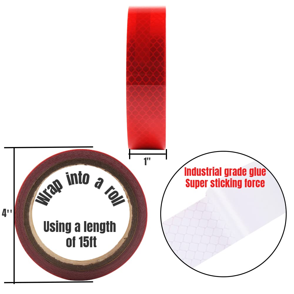 Reflective Tape 1 inch Wide 15 FT Long High Intensity Red Trailer Reflector Safety Conspicuity Tape for Vehicles Trucks Bikes Cargos Helmets