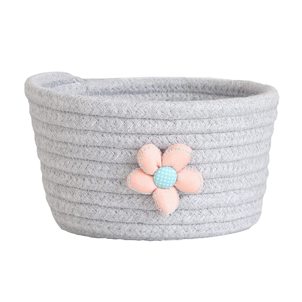 Ochine Cotton Rope Basket Woven Basket Flower Small Rope Basket Decorative Mini Storage Bins Round Little Organizer Nursery Hamper for Desk Dog Cat Toy Kids Baby Girls Gifts