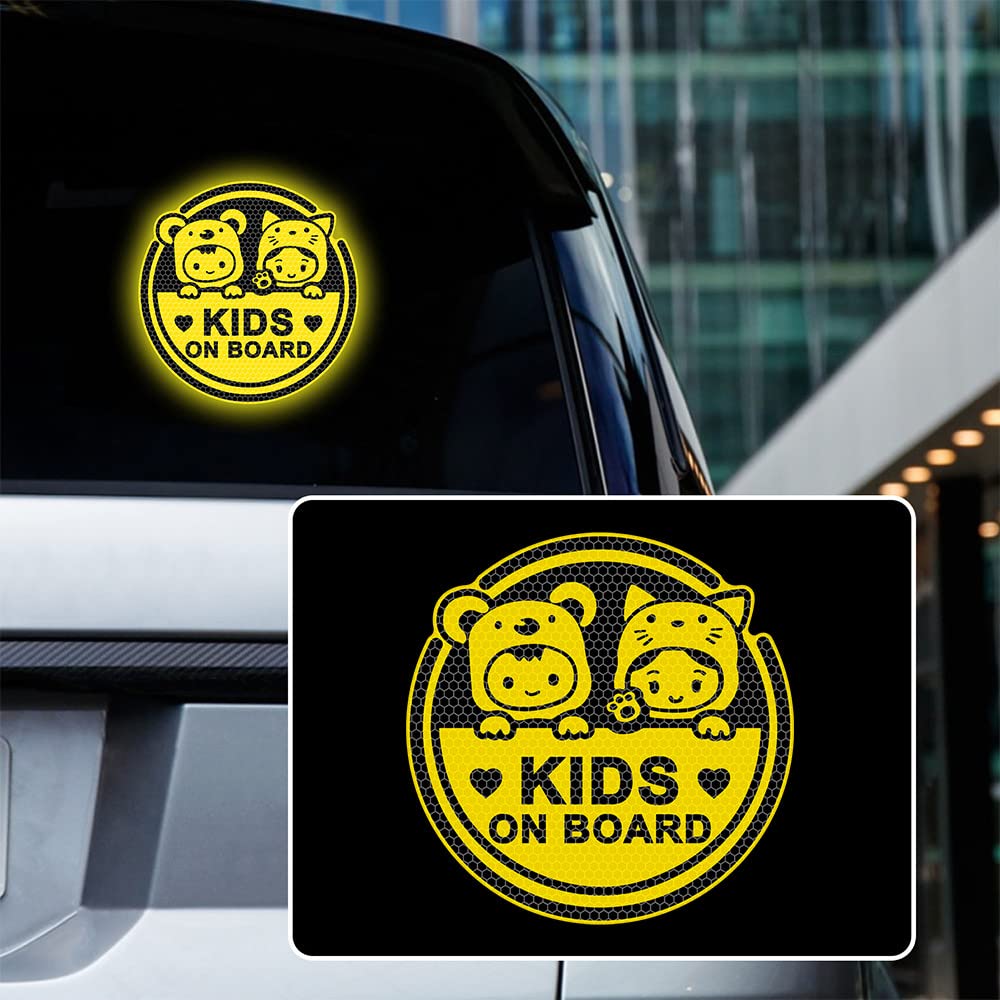 Iprokiu 2pcs Kids on Board Sticker for Cars Super Strong Reflective Funny Cute Baby in Car Sticker Safety Warning Sign Waterproof Auto Window Bumper Decal Baby on Board Car Sticker (Yellow)