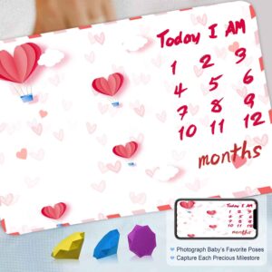 FHZON Red Heart Balloon Baby Monthly Milestone Blanket Unisex, Clouds Month and Age Blanket, 48x40in Soft Flannel, White Monthly Newborn Gift Baby Photo Blanket BTXFFH21