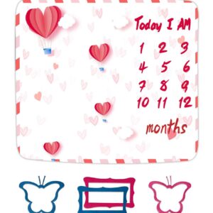 FHZON Red Heart Balloon Baby Monthly Milestone Blanket Unisex, Clouds Month and Age Blanket, 48x40in Soft Flannel, White Monthly Newborn Gift Baby Photo Blanket BTXFFH21