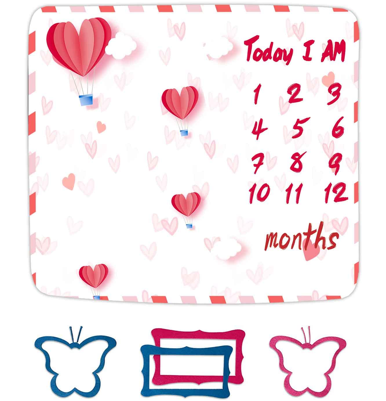 FHZON Red Heart Balloon Baby Monthly Milestone Blanket Unisex, Clouds Month and Age Blanket, 48x40in Soft Flannel, White Monthly Newborn Gift Baby Photo Blanket BTXFFH21