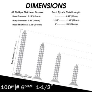 White Head 100 PCS #6X1-1/2(1.5 inch) Stainless Steel Phillips Flat Head Wood Screws,Stainless Steel 18-8 A2(304) Screw,Home Screw Kit by QISHENG