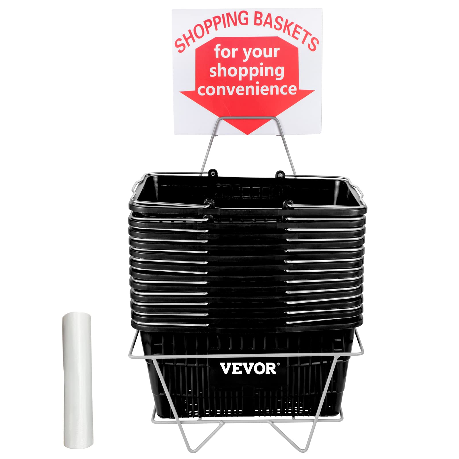 VEVOR Shopping Basket, Set of 12 Black, Durable PE Material with Handle and Stand, Basket Dimension 16.9"L x 11.8"W x 8.07"H and Used for Supermarket, Retail, Grocery- Holds 21 L of Merchandise