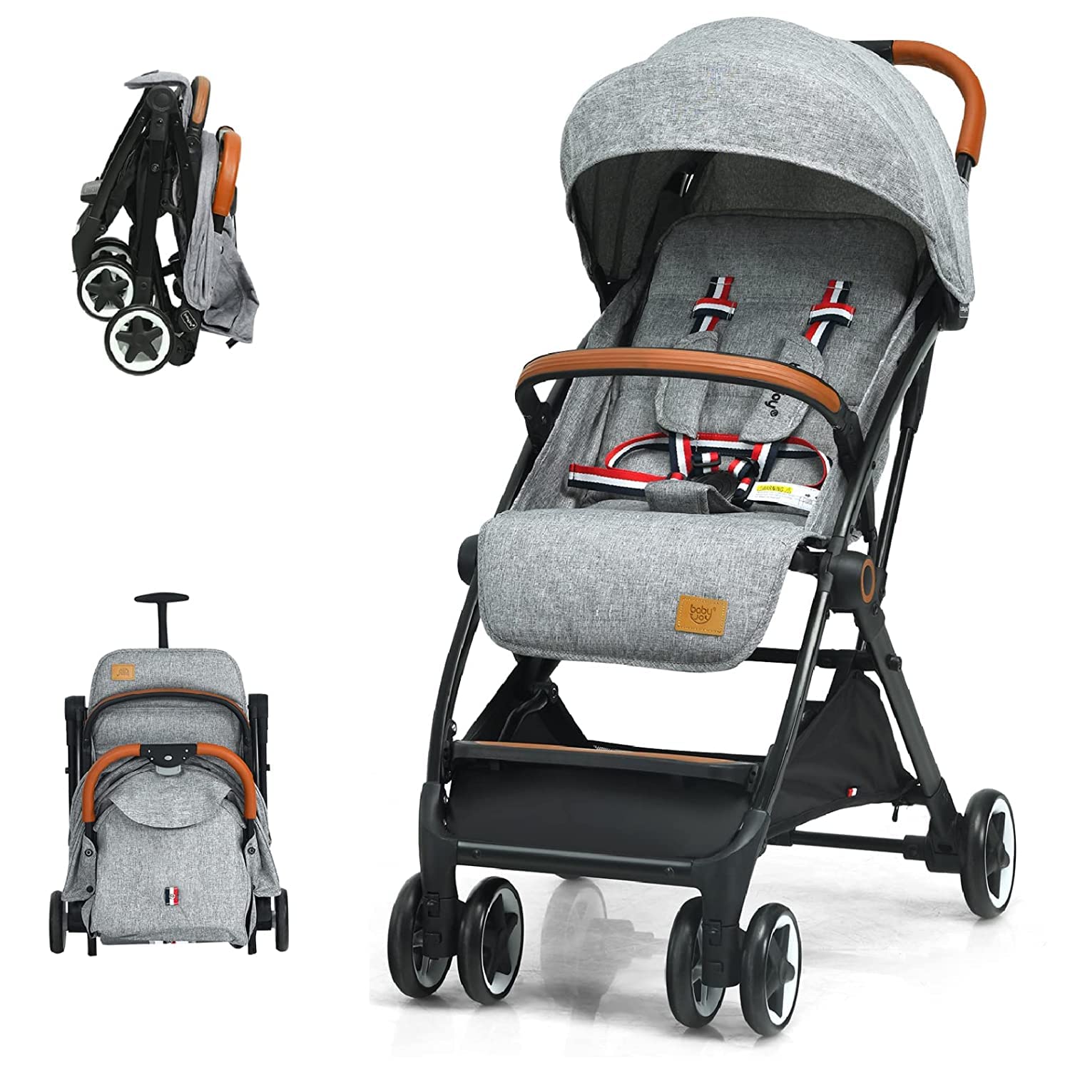 HONEY JOY Lightweight Baby Stroller, Compact One-Hand Luggage-Style Travel Stroller for Airplane, Fits Airplane Cabin & Overhead, Self-Standing Toddler Stroller w/Adjustable Backrest/Canopy(Gray)