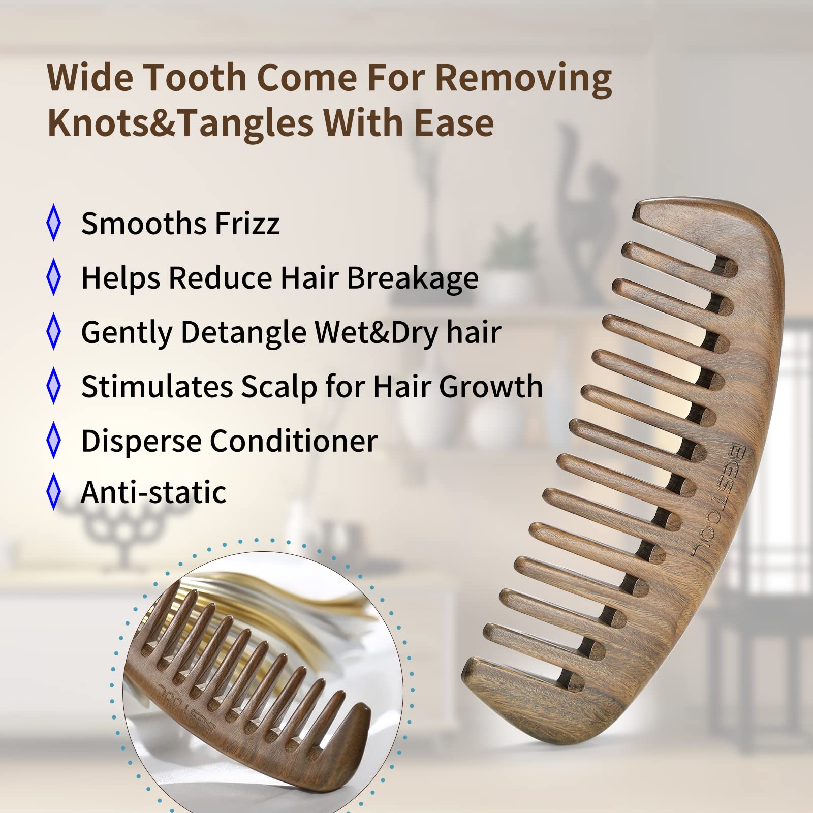 BESTOOL Wide Tooth Comb，Extra Large Sandalwood Wide Tooth Comb 100% Natural Sandalwood Comb Detangler for Curly Long Thick Wet or Dry Hair Anti-static