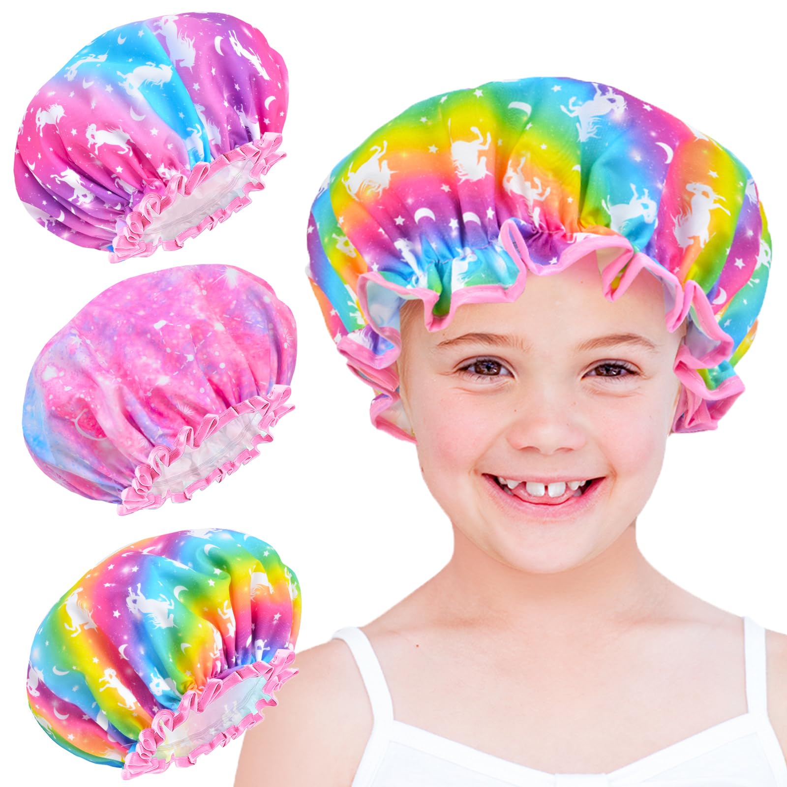 Shower Cap For Kids, Little Girl Shower Cap Unicorn Shower Cap For Girls, Cute Rainbow Long Hair Childrens Shower Cap Adjustable Waterproof Toddler Head Cap For Hair Girls While Taking Shower(Unicorn)