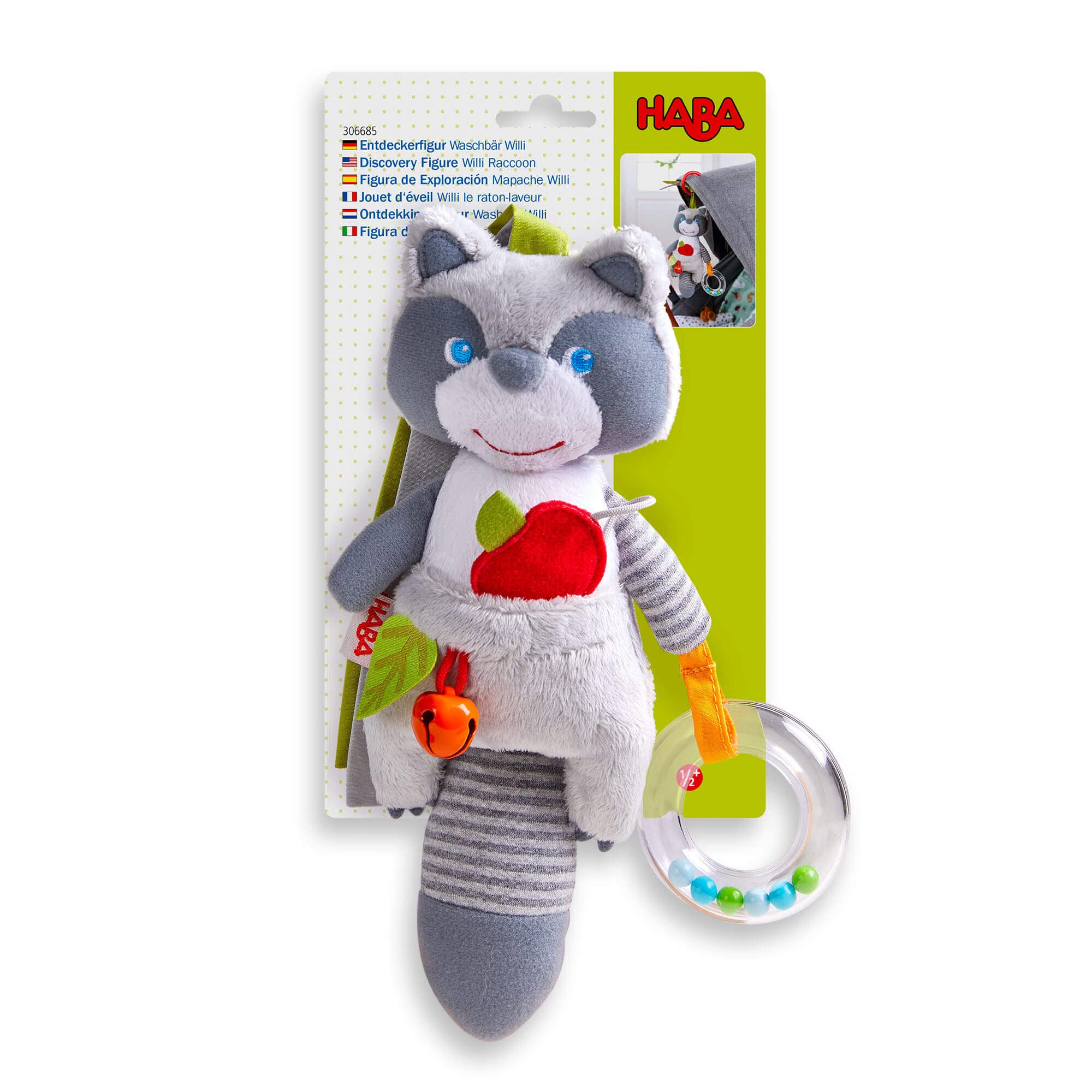 HABA Willie Raccoon Soft Dangling Figure for Crib, Stroller or Play Pen - Ages 6 Months and Up