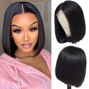 rismale hair short bob wigs human hair lace closure wigs brazilian straight bob human hair wigs 150% density pre plucked with baby hair natural color (10, straight bob wig)