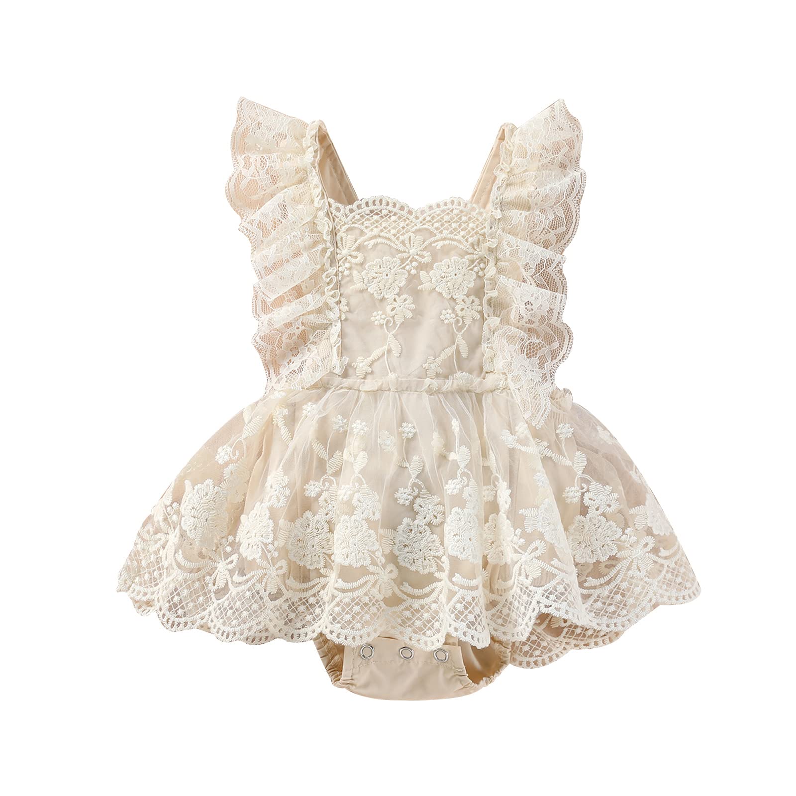 Newborn Baby Girl Lace Romper Dreamy Floral Embroidered Ruffle Princess Dress Boho Outfit Lace Beige 6-12 Months