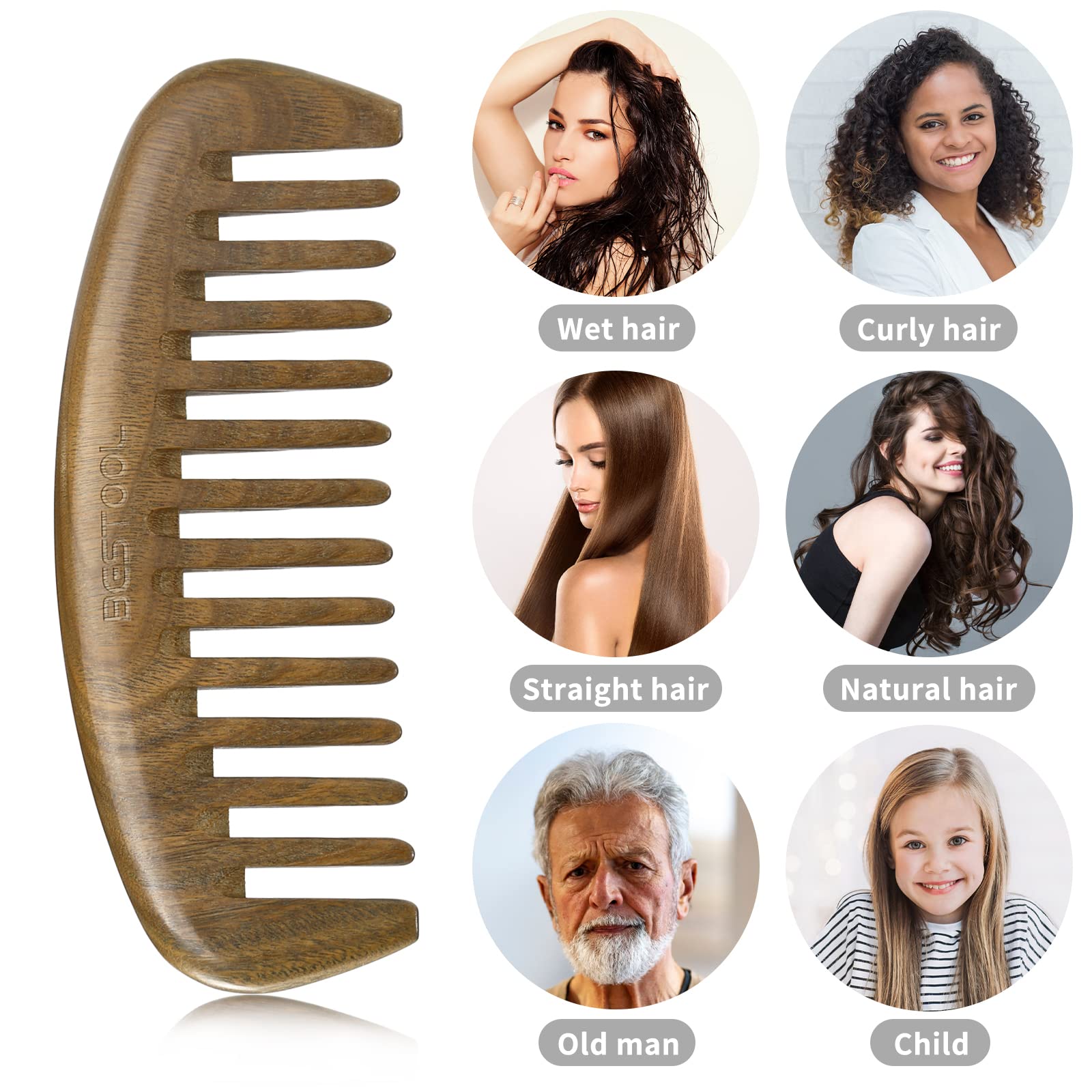 BESTOOL Wide Tooth Comb，Extra Large Sandalwood Wide Tooth Comb 100% Natural Sandalwood Comb Detangler for Curly Long Thick Wet or Dry Hair Anti-static