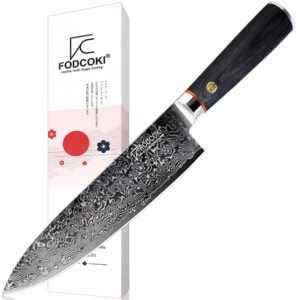 fodcoki damascus kitchen knife 8 inch- japanese chef knife damascus steel vg10 blade razor sharp professional meat vegetable cutting knife- wooden handle