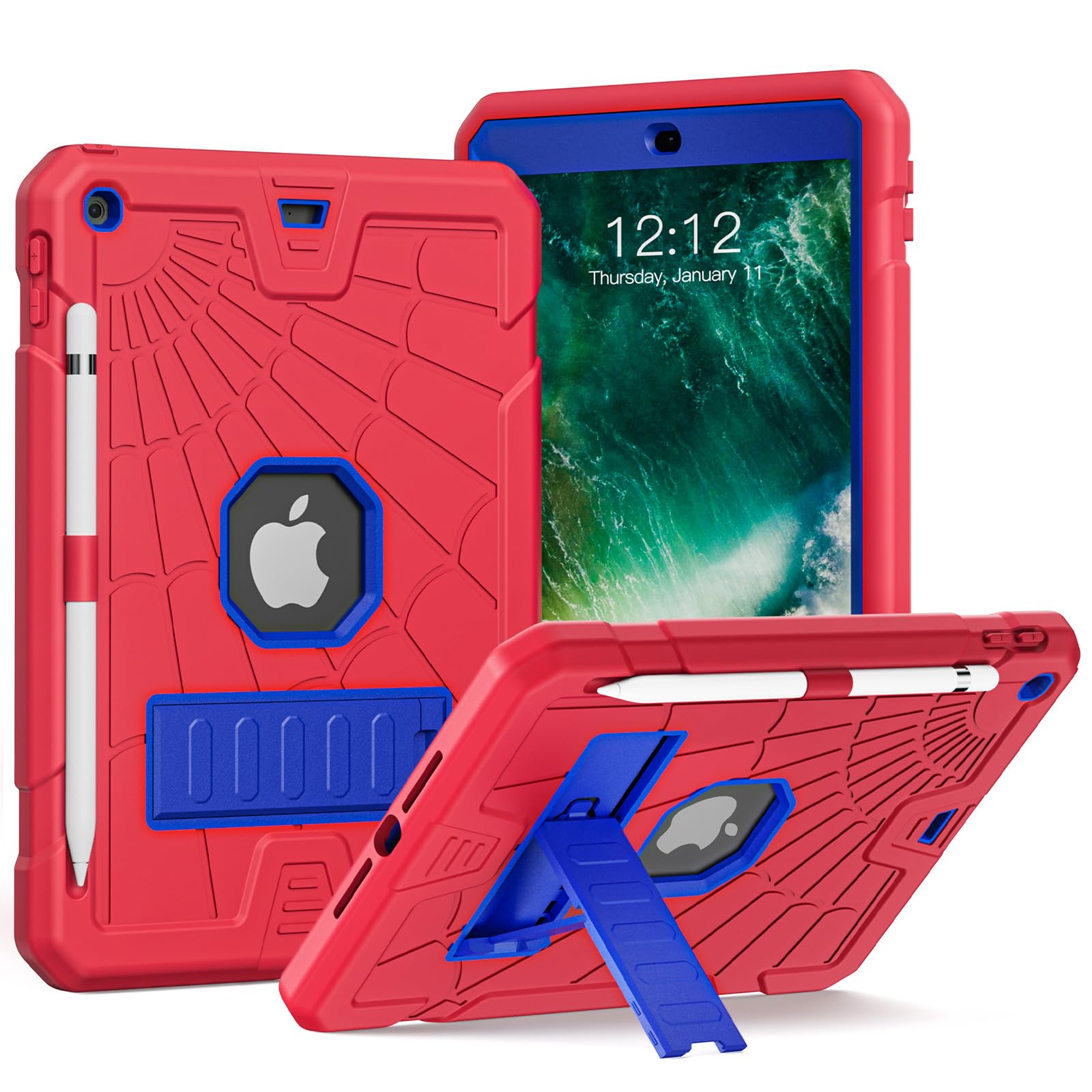 New iPad 5th 6th Generation Case 9.7 inch 2017 2018 Released with Stand & Pencil Holder | Kids Friendly 3-Layer Heavy Duty Rugged Protective Shockproof | Red & Blue