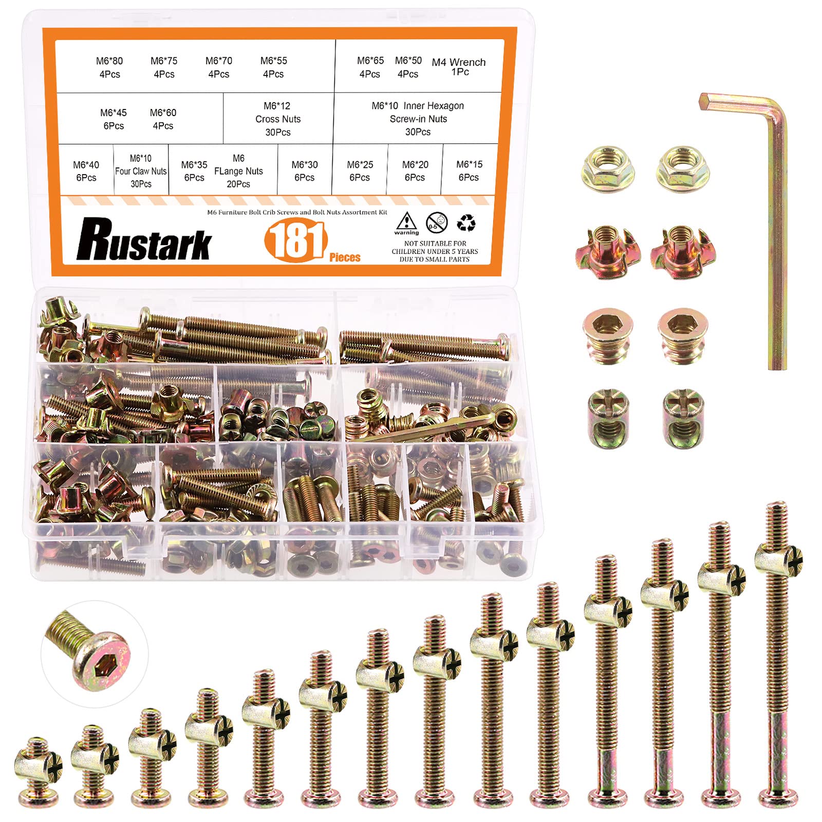 Rustark 181Pcs M6 x 15-80mm Crib Screws Hardware Replacement Kit Zinc Plated Hex Socket Head Cap Bolts Thread Nutsert Barrel Nuts T-Nuts and Flange Nuts Assortment Kit for Crib Beds Furniture