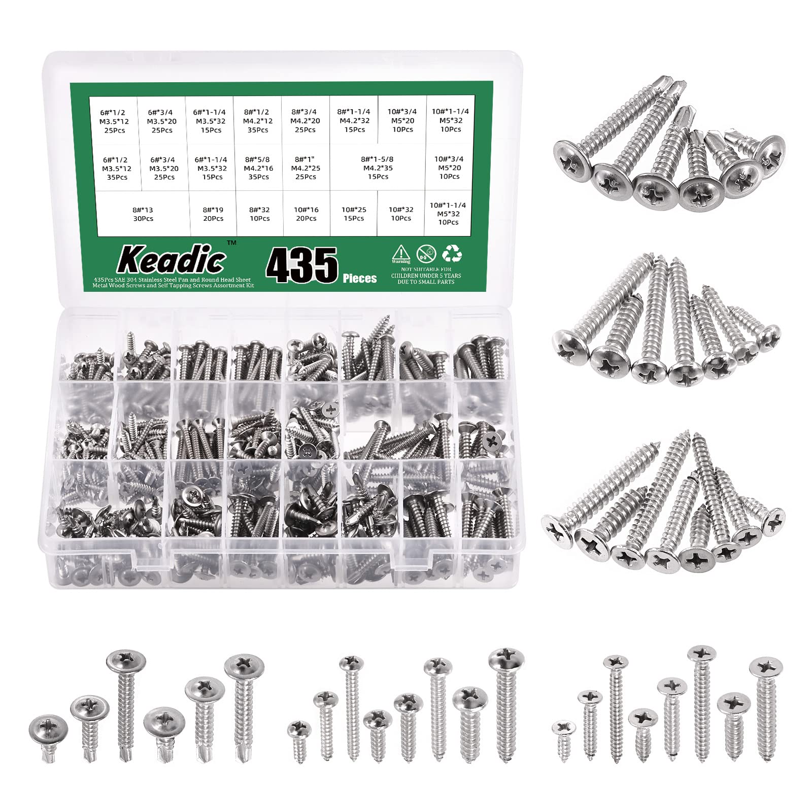 Keadic 325 Pcs 304 Stainless Steel #6#8#10 Self Tapping Screws Assortment Set Contains Round Head & Philips Flat Head & Wafer Head Self Drilling Screw Sheet Metal Screws