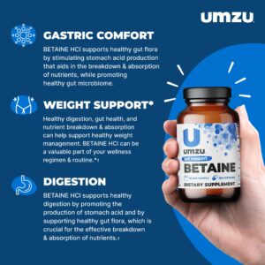 UMZU Betaine HCl Supplement | Digestive Support, Gastric Comfort, Nutrient Absorption & Cardiovascular Support | Natural Digestion & Gut Health Aid (120 Capsules)