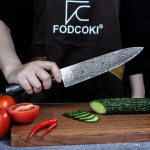 FODCOKI Damascus Kitchen Knife 8 inch- Japanese Chef Knife Damascus Steel VG10 Blade Razor Sharp Professional Meat Vegetable Cutting Knife- Wooden Handle