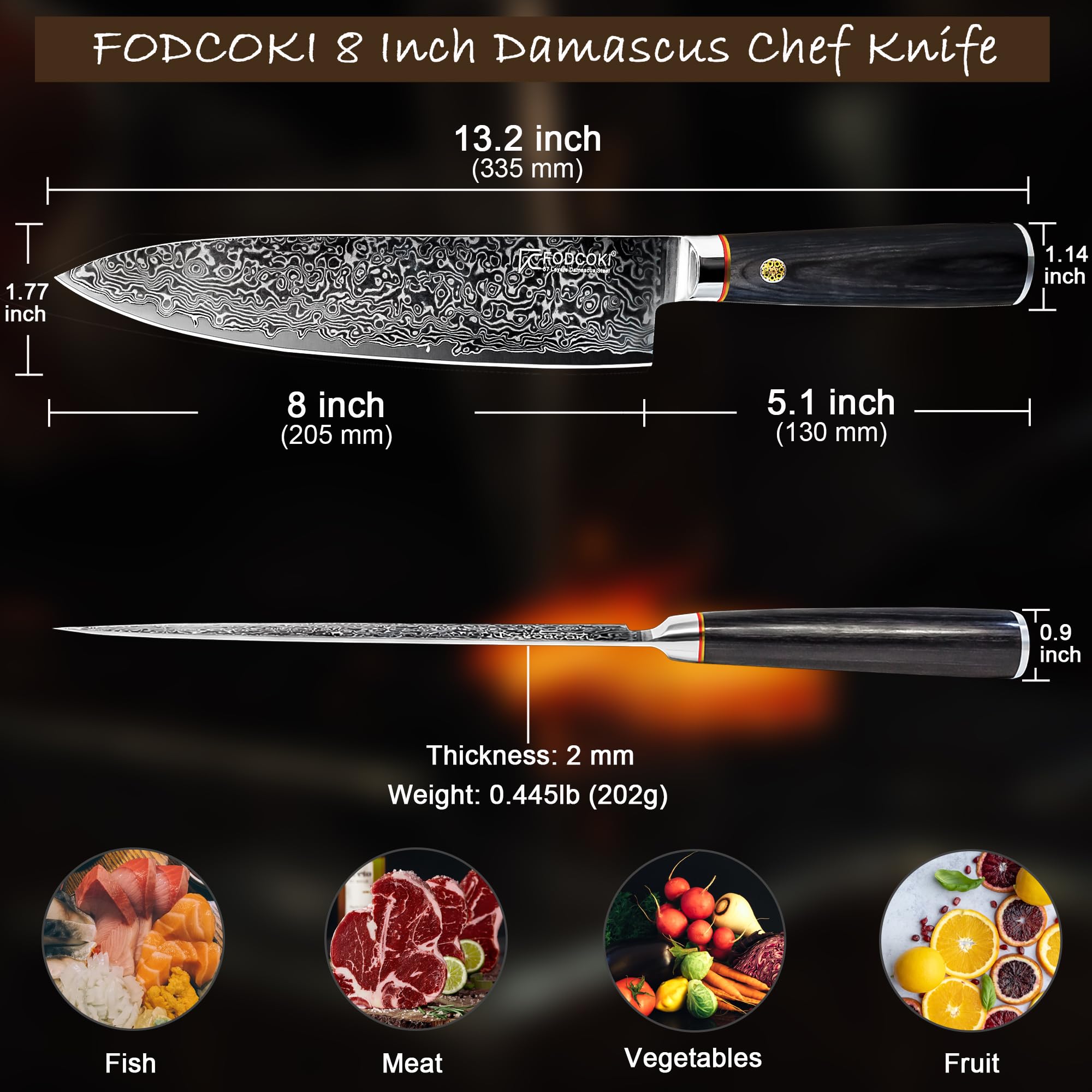 FODCOKI Damascus Kitchen Knife 8 inch- Japanese Chef Knife Damascus Steel VG10 Blade Razor Sharp Professional Meat Vegetable Cutting Knife- Wooden Handle