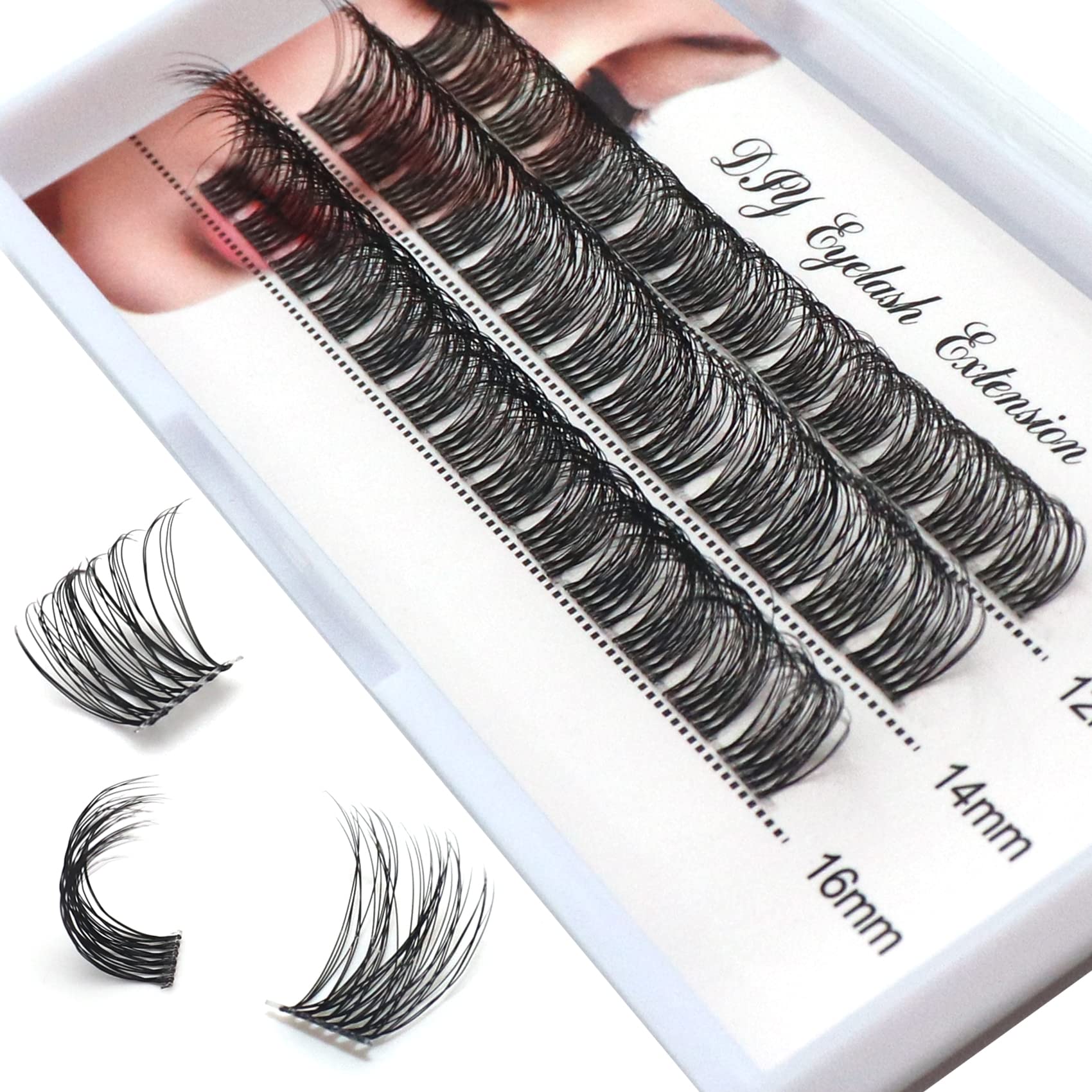 DIY Lash Clusters Lash Extension 39 Clusters Volume Individual D Curl Fluffy Lashes with Clear Band Makeup at Home Fake Eyelashes(FD02-12/14/16mm)