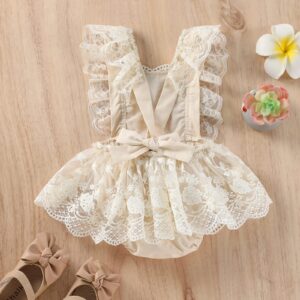 Newborn Baby Girl Lace Romper Dreamy Floral Embroidered Ruffle Princess Dress Boho Outfit Lace Beige 6-12 Months