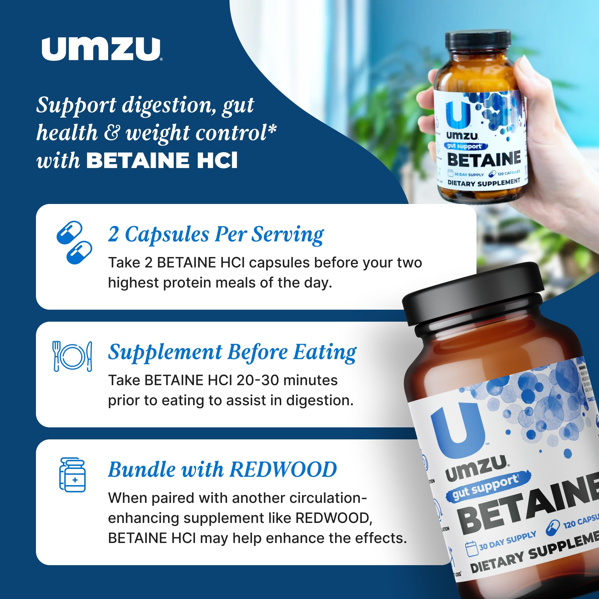 UMZU Betaine HCl Supplement | Digestive Support, Gastric Comfort, Nutrient Absorption & Cardiovascular Support | Natural Digestion & Gut Health Aid (120 Capsules)