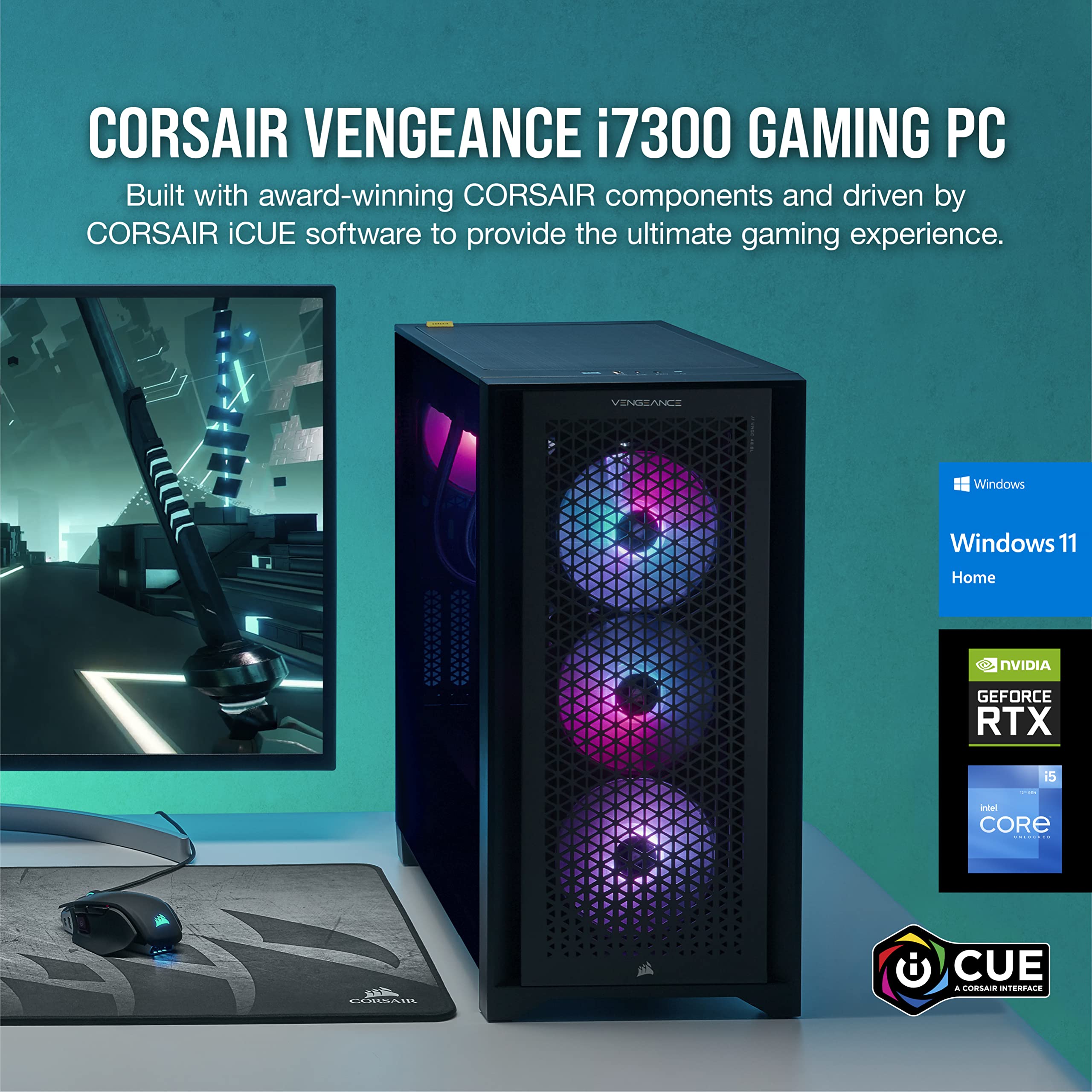 Corsair Vengeance i7300 Series Gaming PC (Liquid Cooled Intel® Core™ i5 12600K CPU, NVIDIA® GeForce RTX™ 3070 Graphics, 16GB Vengeance RGB PRO DDR4 Memory, 1TB M.2 NVMe SSD) Black