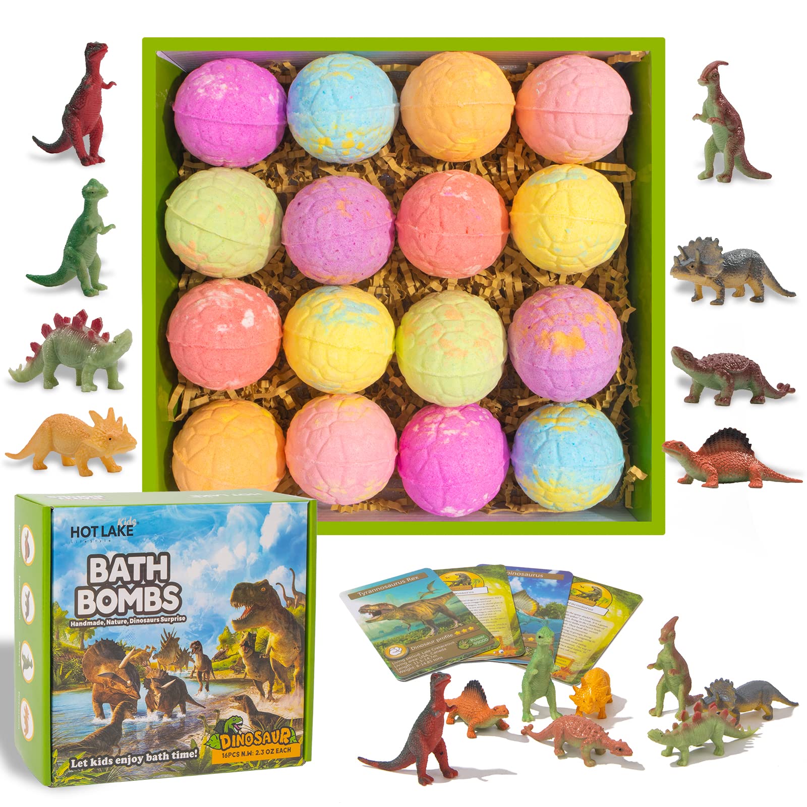 HOTLAKE Dinosaur Bath Bombs Gift Set,16 Pack Organic Bath Bomb for Kids with Toys Surprise Inside. Natural Dino Egg Bathbombs Kit for Christmas or Birthday Gift for Girls and Boys