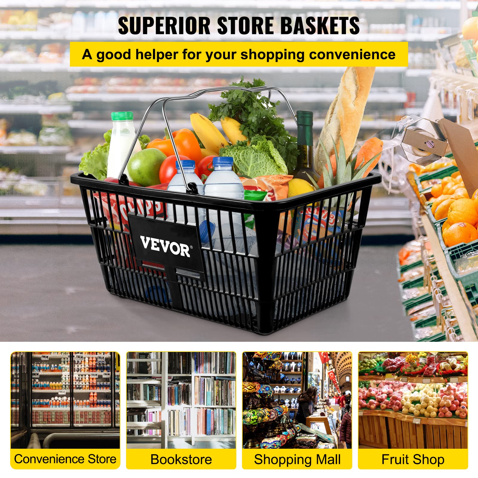 VEVOR Shopping Basket, Set of 12 Black, Durable PE Material with Handle and Stand, Basket Dimension 16.9"L x 11.8"W x 8.07"H and Used for Supermarket, Retail, Grocery- Holds 21 L of Merchandise