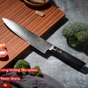 FODCOKI Damascus Kitchen Knife 8 inch- Japanese Chef Knife Damascus Steel VG10 Blade Razor Sharp Professional Meat Vegetable Cutting Knife- Wooden Handle