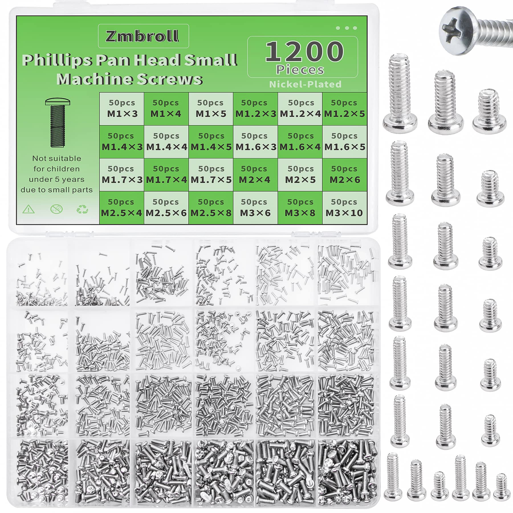 Zmbroll 1200Pcs Phillips Pan Head Small Machine Scews,Tiny Screw,Small Bolts Pan Head Screw,Mini Screw Assortment Kit for Eyeglasses,Watches,Clocks,Mobile Phone