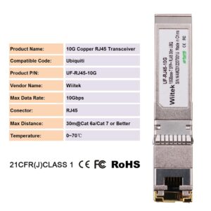 Wiitek 10G SFP+ to RJ45 Copper Modules, 1.25G/2.5G/5G/10GBase-T Ethernet Copper to SFP+ Transceiver Compatible for Ubiquiti Unifi UF-RJ45-10G /uacc-cm-rj45-mg (Cat 6a/7 or Better, 30-Meter)