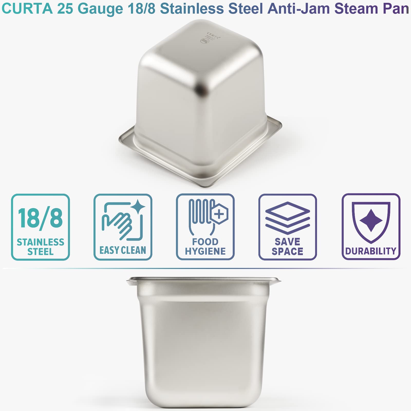 CURTA 6 Pack Anti-Jam Hotel Pans, 1/6 Size 6 Inch Deep, NSF Commercial 18/8 Stainless Steel Chafing Steam Table Pan, Catering Storage Metal Food Pan