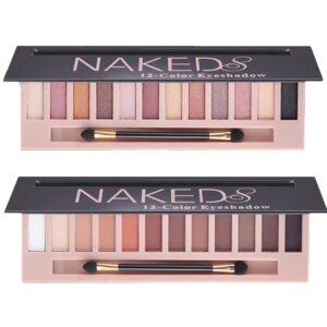 2 pcs 12 colors eye shadow palette,nude matte smokey shimmer glitter eyeshadow palette,blendable rich colors,waterproof beauty makeup palette kit with double-ended makeup brush(a+b)