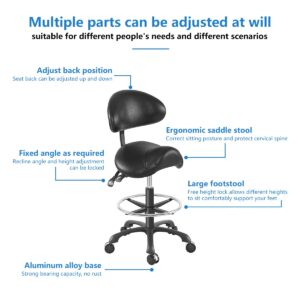 Coczeb Saddle Stool with Back Support Ergonomic Seat Hydraulic Adjustable with Footrest for Home Office Dental Tattoo Salon Shop Use