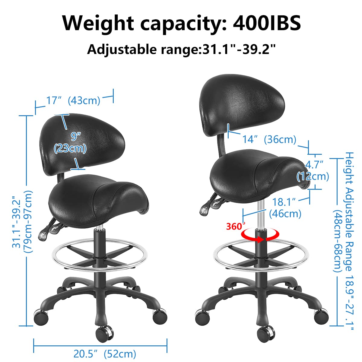 Coczeb Saddle Stool with Back Support Ergonomic Seat Hydraulic Adjustable with Footrest for Home Office Dental Tattoo Salon Shop Use